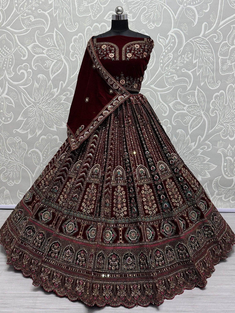 Fantastic Maroon Thread Work Velvet Bridal Lehenga Choli With Double Dupatta - Ethnic Plus In