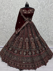 Fantastic Maroon Thread Work Velvet Bridal Lehenga Choli With Double Dupatta - Ethnic Plus In