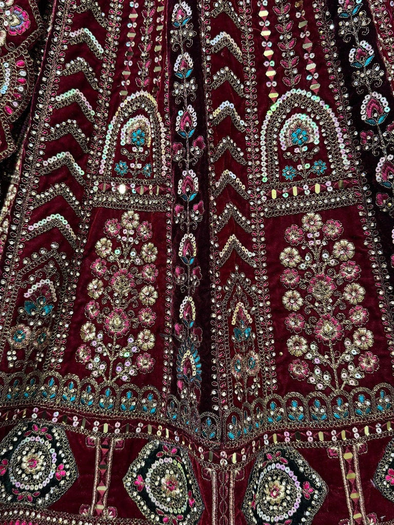 Fantastic Maroon Thread Work Velvet Bridal Lehenga Choli With Double Dupatta - Ethnic Plus In