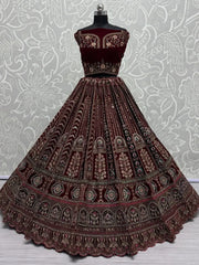 Fantastic Maroon Thread Work Velvet Bridal Lehenga Choli With Double Dupatta - Ethnic Plus In