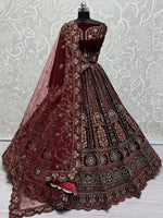 Fantastic Maroon Thread Work Velvet Bridal Lehenga Choli With Double Dupatta