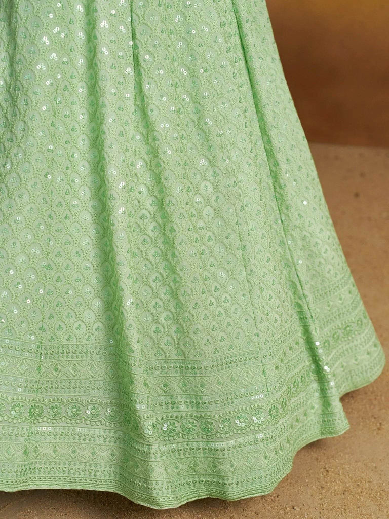 Fantastic Mint Green Thread Embroidered Georgette Designer Lehenga Choli - Ethnic Plus In