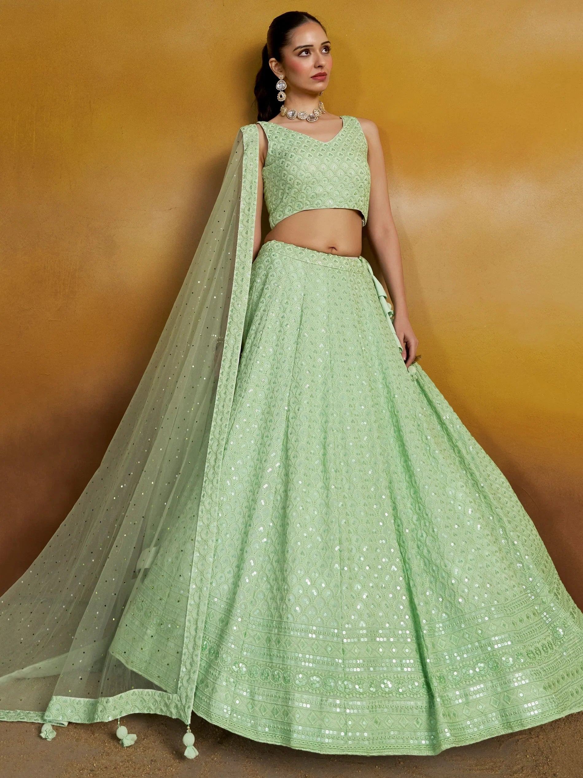 Mint green sequin lehenga choli with sheer dupatta, ethnic Indian wear for weddings and parties