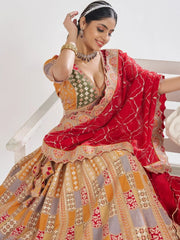 Fantastic Mustard Yellow Thread Work Dola Silk Wedding Wear Lehenga Choli - Ethnic Plus In