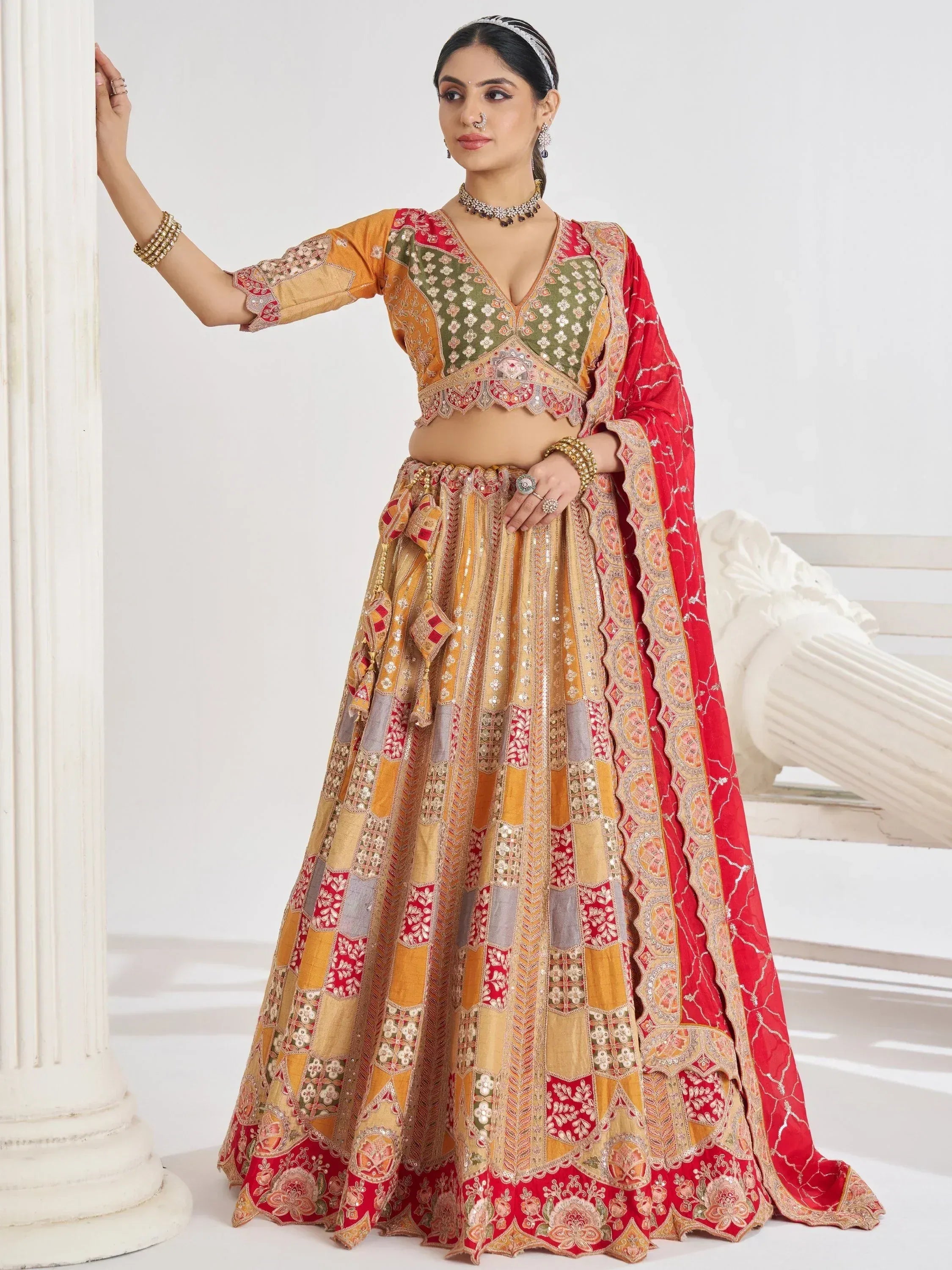 Designer lehenga choli with intricate embroidery, perfect for Indian weddings and festive occasions.