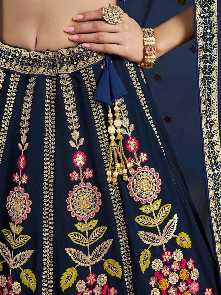 Fantastic Navy Blue Zari Work Georgette Wedding Wear Lehenga Choli - Ethnic Plus In