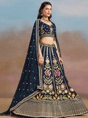Fantastic Navy Blue Zari Work Georgette Wedding Wear Lehenga Choli - Ethnic Plus In