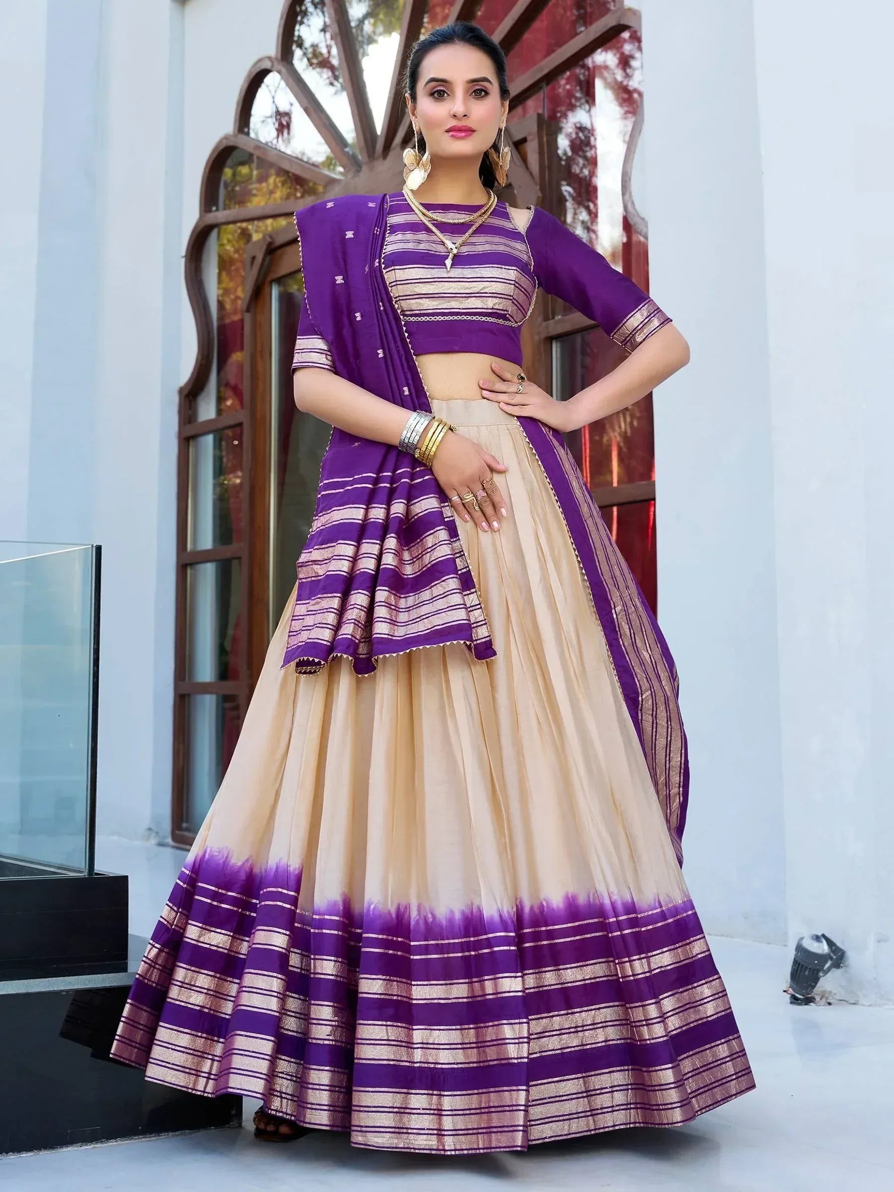 Purple and beige lehenga choli with striped dupatta, ethnic Indian wear for women