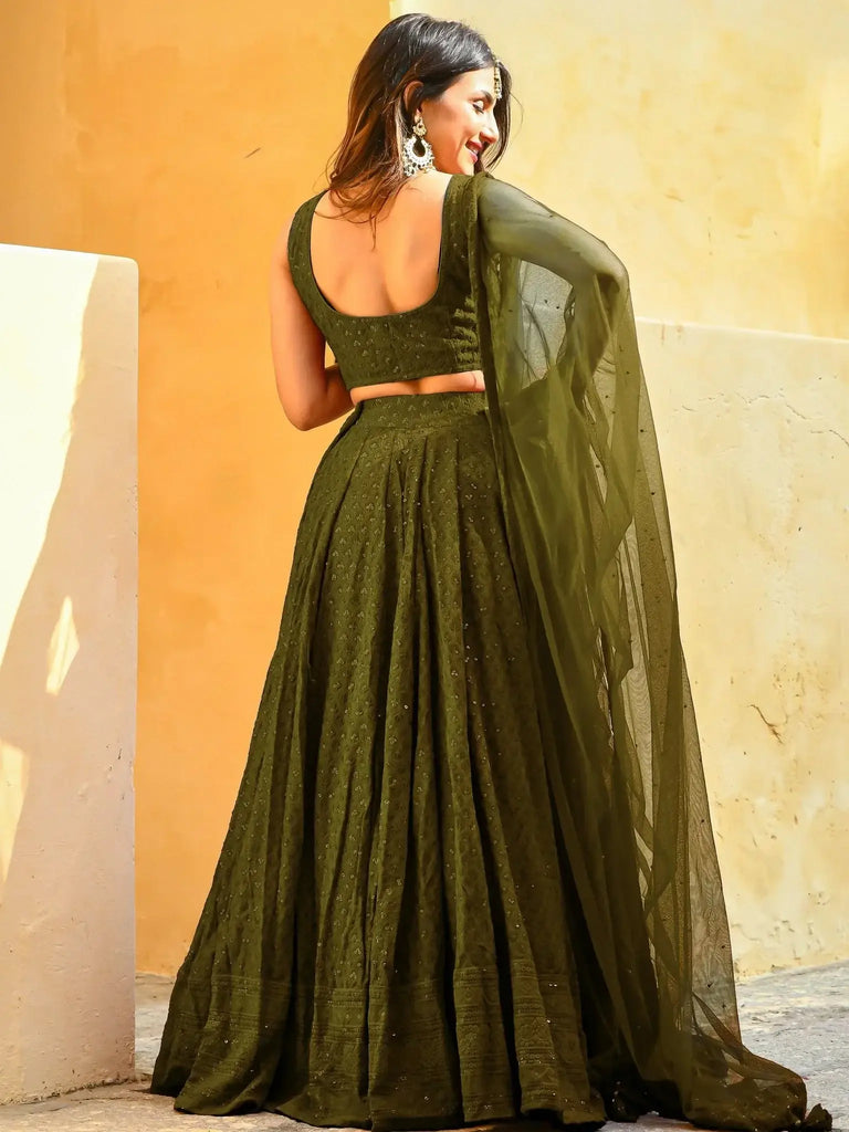 Fantastic Olive Green Sequins Georgette Lehenga Choli With Dupatta - Ethnic Plus In