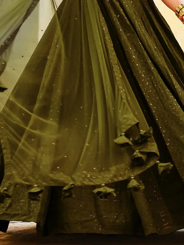 Fantastic Olive Green Sequins Georgette Lehenga Choli With Dupatta - Ethnic Plus In