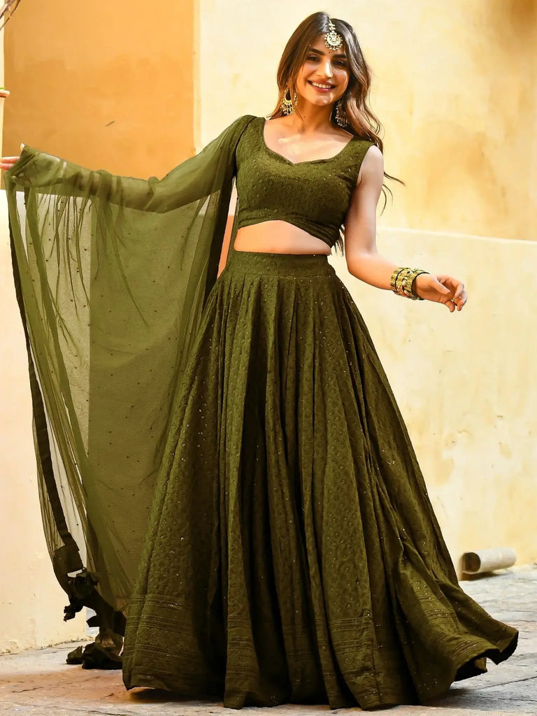 Fantastic Olive Green Sequins Georgette Lehenga Choli With Dupatta - Ethnic Plus In