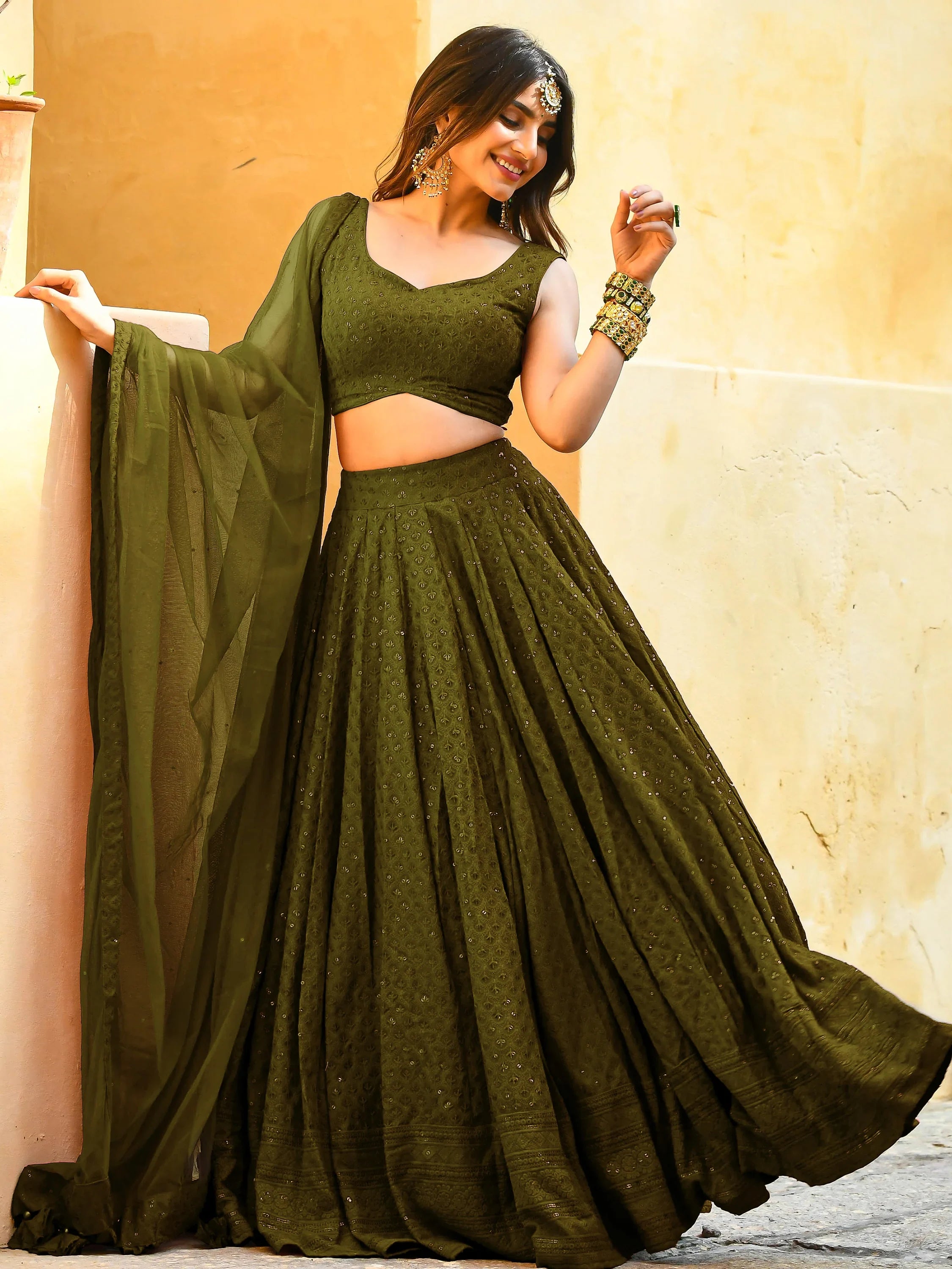 Fantastic Olive Green Sequins Georgette Lehenga Choli With Dupatta - Ethnic Plus In