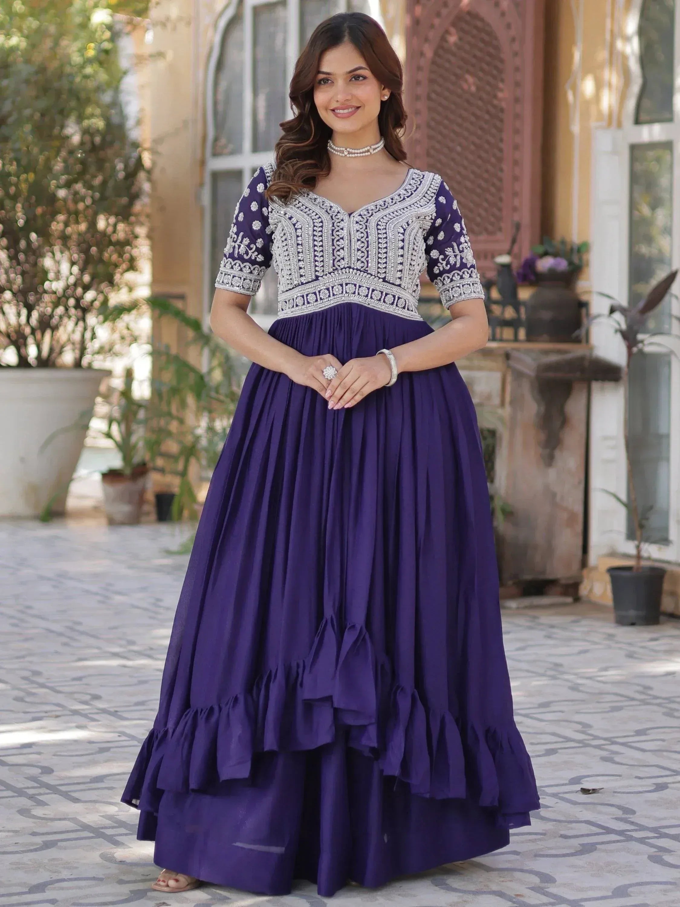 Purple ethnic gown with silver embroidery, perfect for Indian weddings and festive occasions