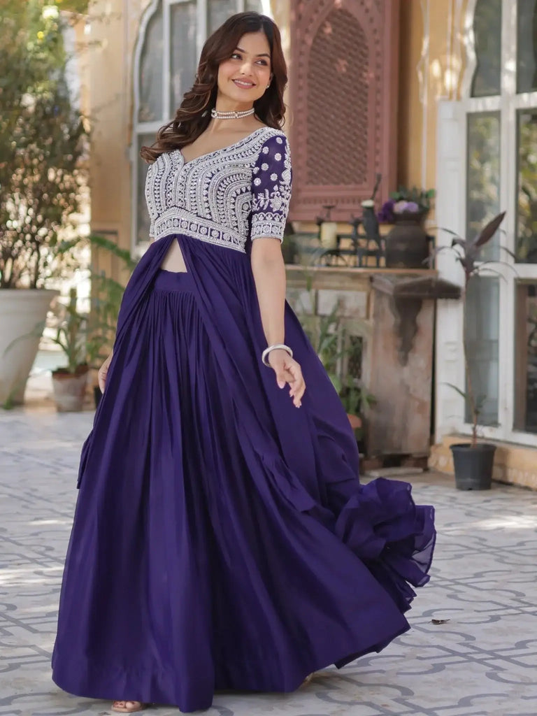 Fantastic Purple Bead Work Georgette Readymade Lehenga With Kurti - Ethnic Plus In
