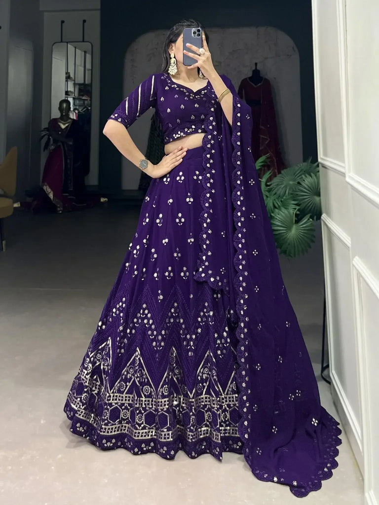 Fantastic Purple Embroidered Georgette Lehenga Choli With Dupatta - Ethnic Plus In