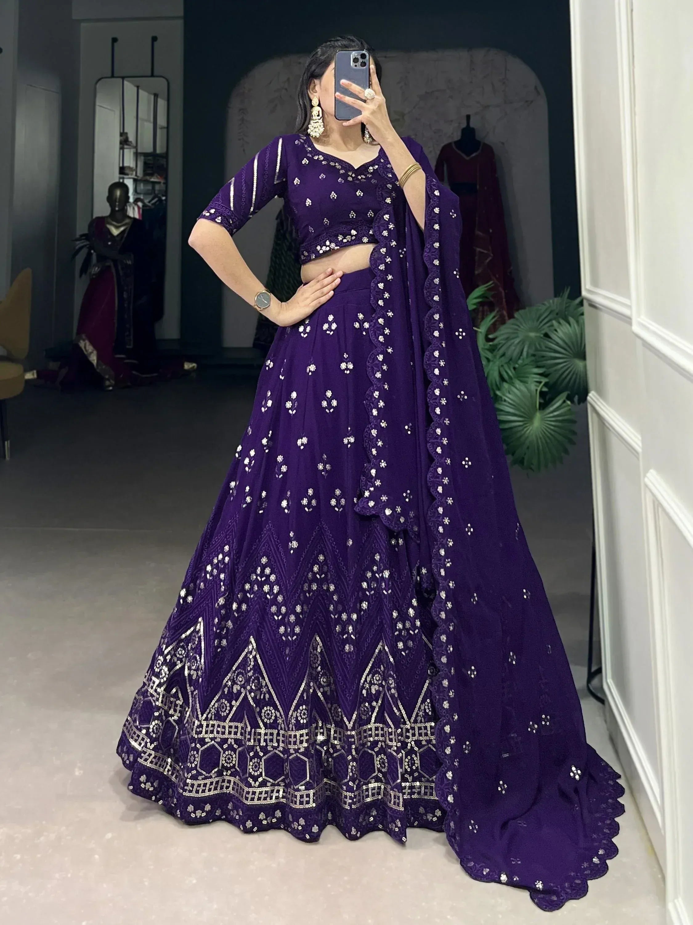 Purple designer lehenga choli with silver embroidery, perfect for Indian ethnic wear occasions