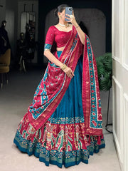 Fantastic Teal Blue Patola Printed Tussar Silk Lehenga With Blouse - Ethnic Plus In