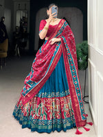 Fantastic Teal Blue Patola Printed Tussar Silk Lehenga With Blouse