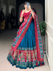 Fantastic Teal Blue Patola Printed Tussar Silk Lehenga With Blouse - Ethnic Plus In