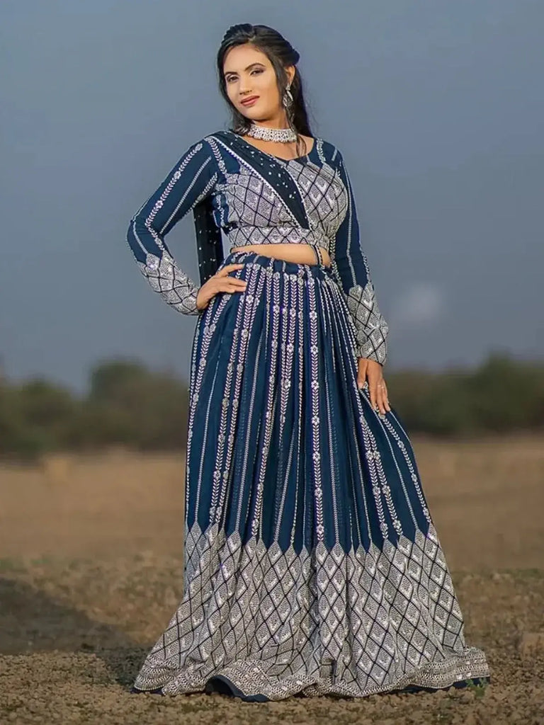 Fantastic Teal Blue Sequins Georgette Lehenga Choli With Dupatta - Ethnic Plus In