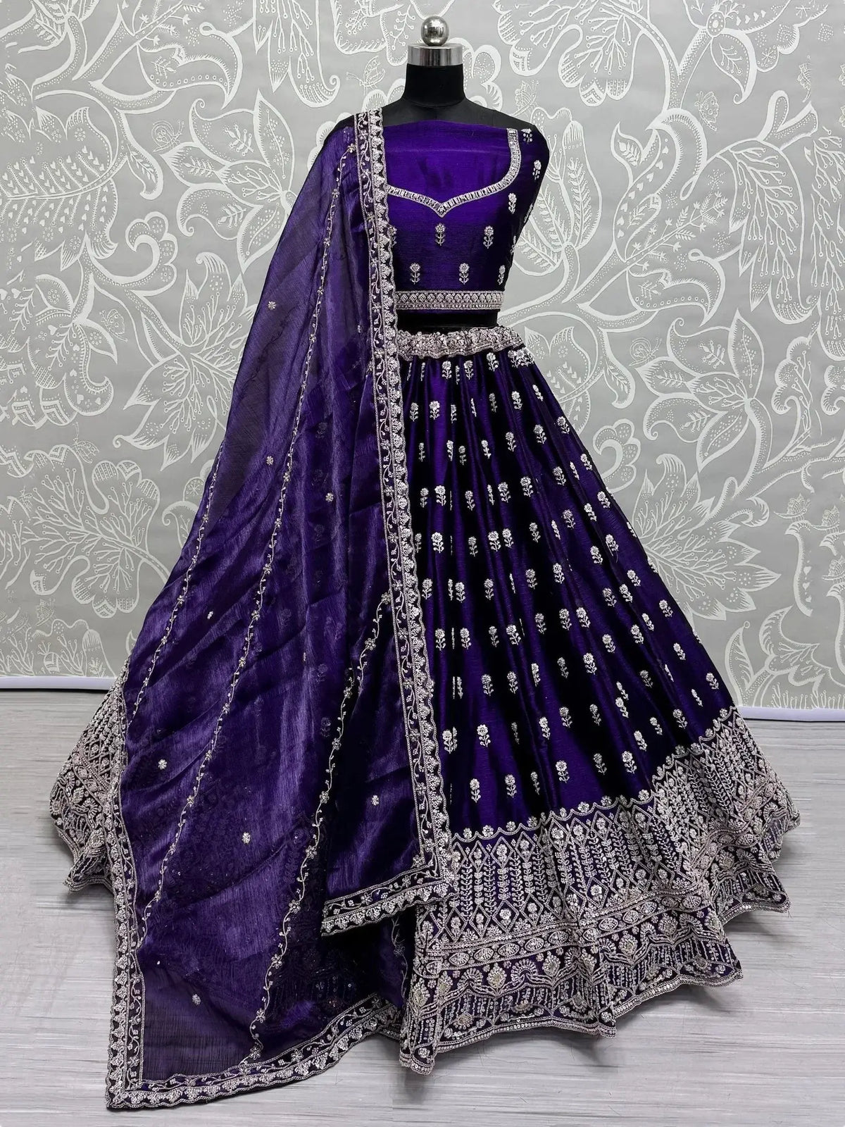 Fantastic Violet Hand Embroidered Silk Designer Lehenga Choli With Dupatta - Ethnic Plus In