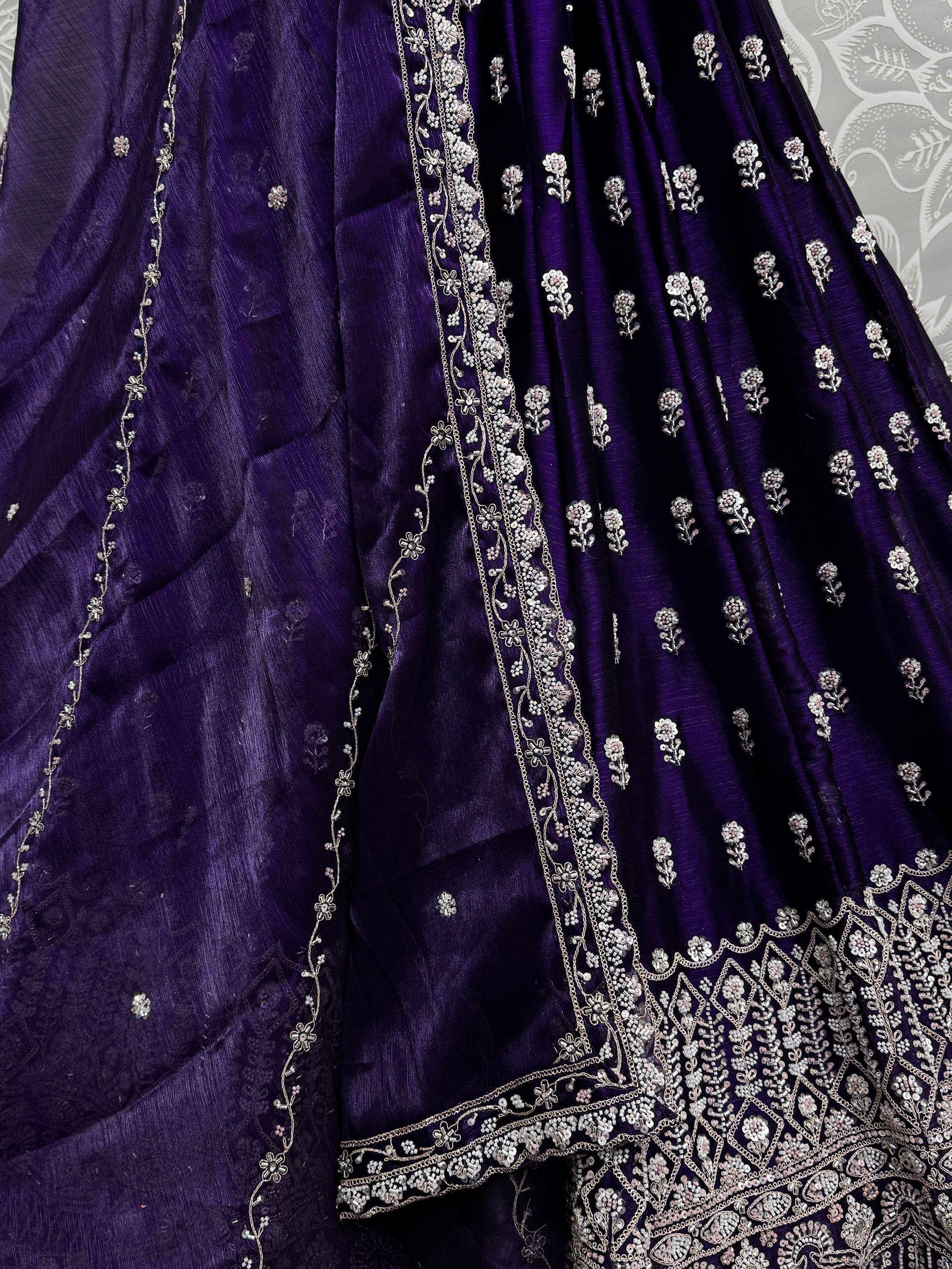 Purple velvet lehenga with silver floral embroidery and sequin detailing for Indian ethnic wear