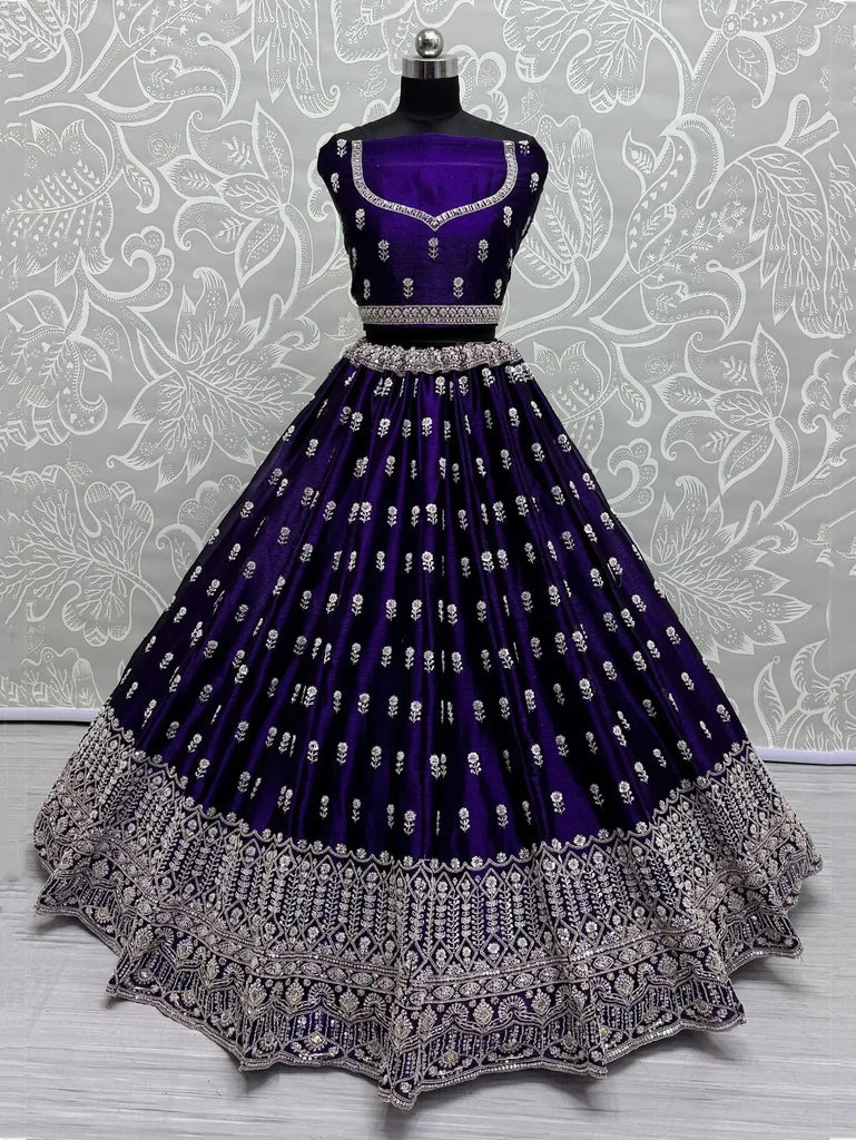 Fantastic Violet Hand Embroidered Silk Designer Lehenga Choli With Dupatta - Ethnic Plus In