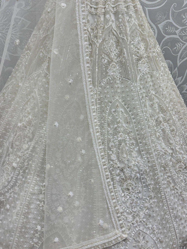 Fantastic White Pearl Work Net Monochrome Lehenga Choli With Dupatta - Ethnic Plus In