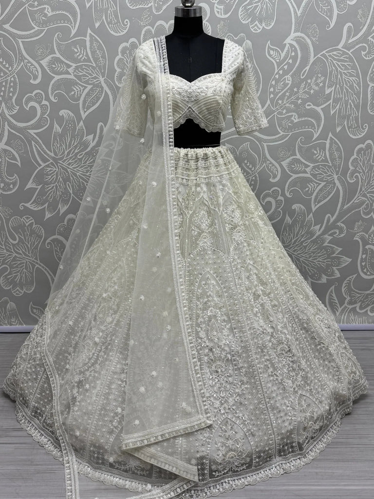 Fantastic White Pearl Work Net Monochrome Lehenga Choli With Dupatta - Ethnic Plus In
