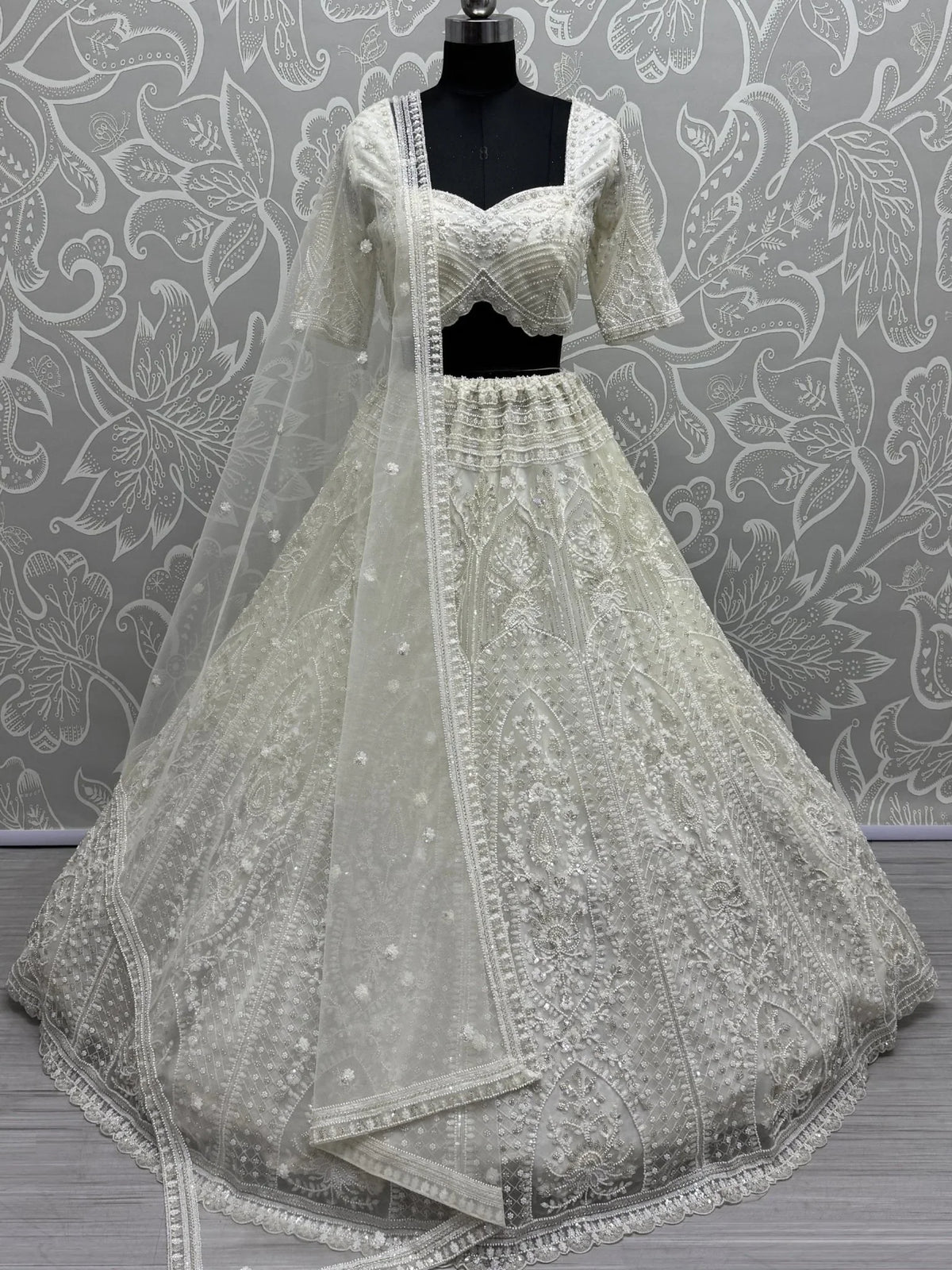 Fantastic White Pearl Work Net Monochrome Lehenga Choli With Dupatta - Ethnic Plus In