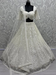 Fantastic White Pearl Work Net Monochrome Lehenga Choli With Dupatta - Ethnic Plus In
