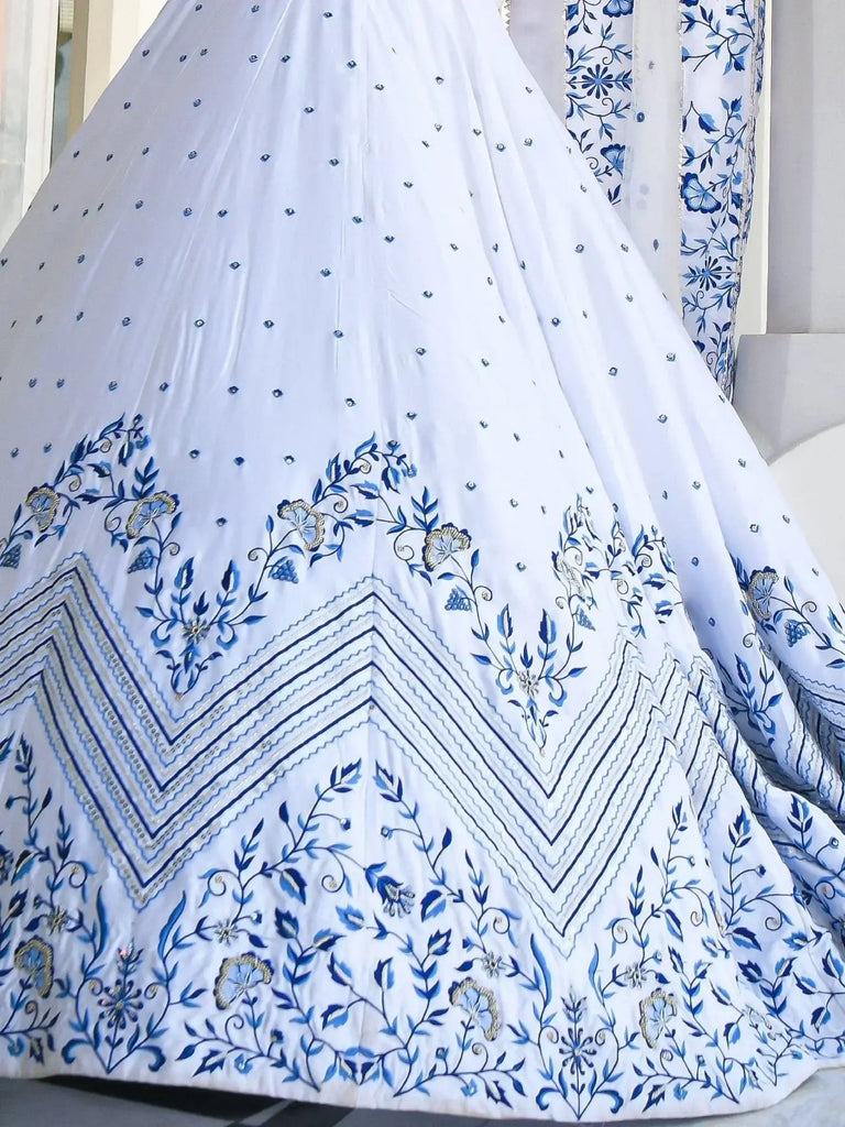 Fantastic White Thread Work Satin Sangeet Wear Lehenga Choli - Ethnic Plus In