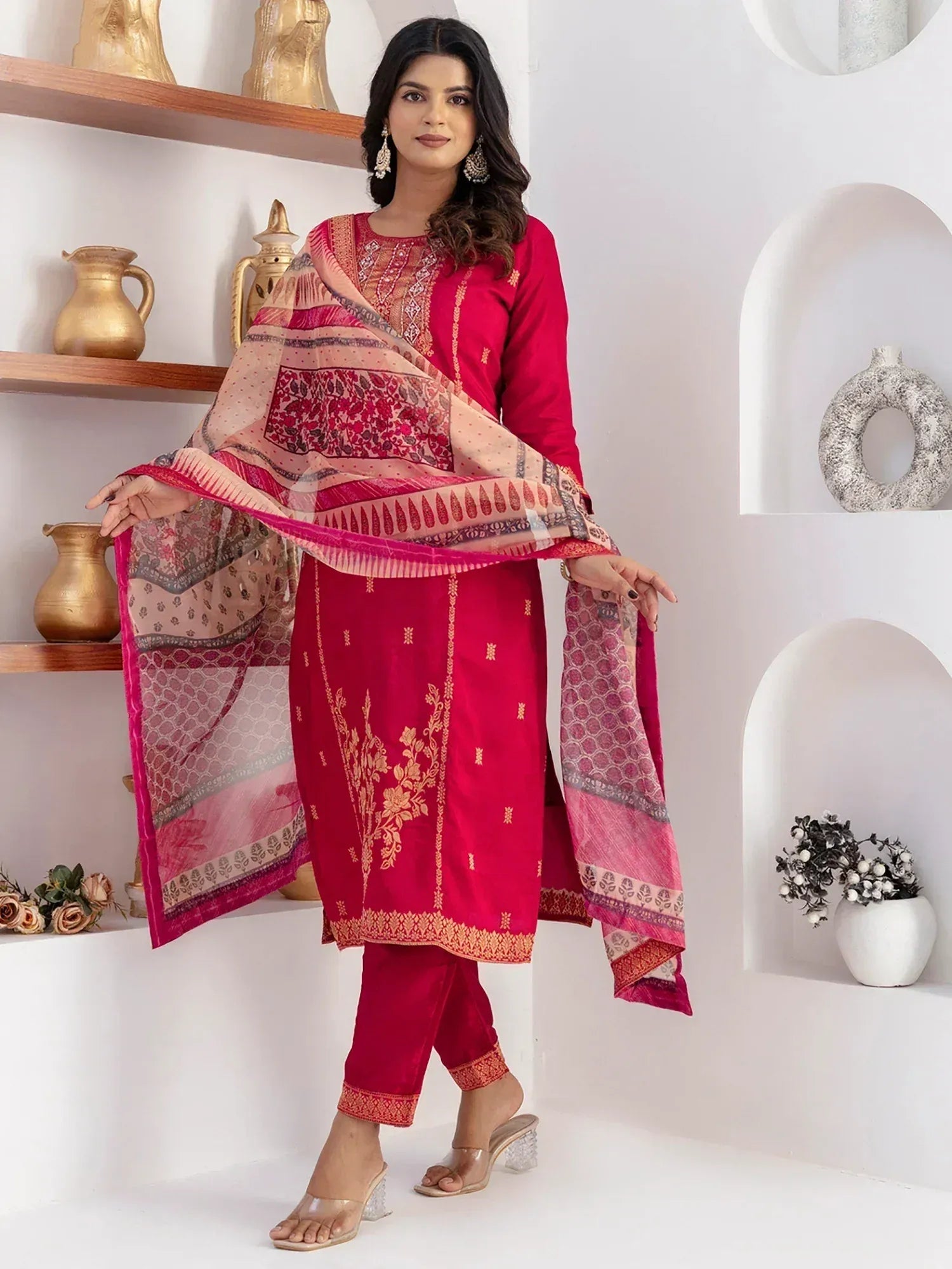 Red embroidered salwar kameez with printed dupatta, Indian ethnic wear for women