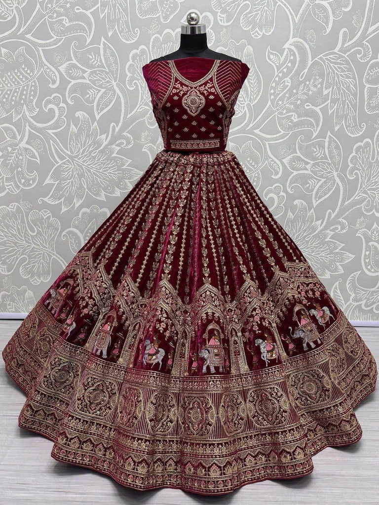 Fantastical Rani Pink Velvet Bridal Lehenga Choli With Double Dupatta - Ethnic Plus In