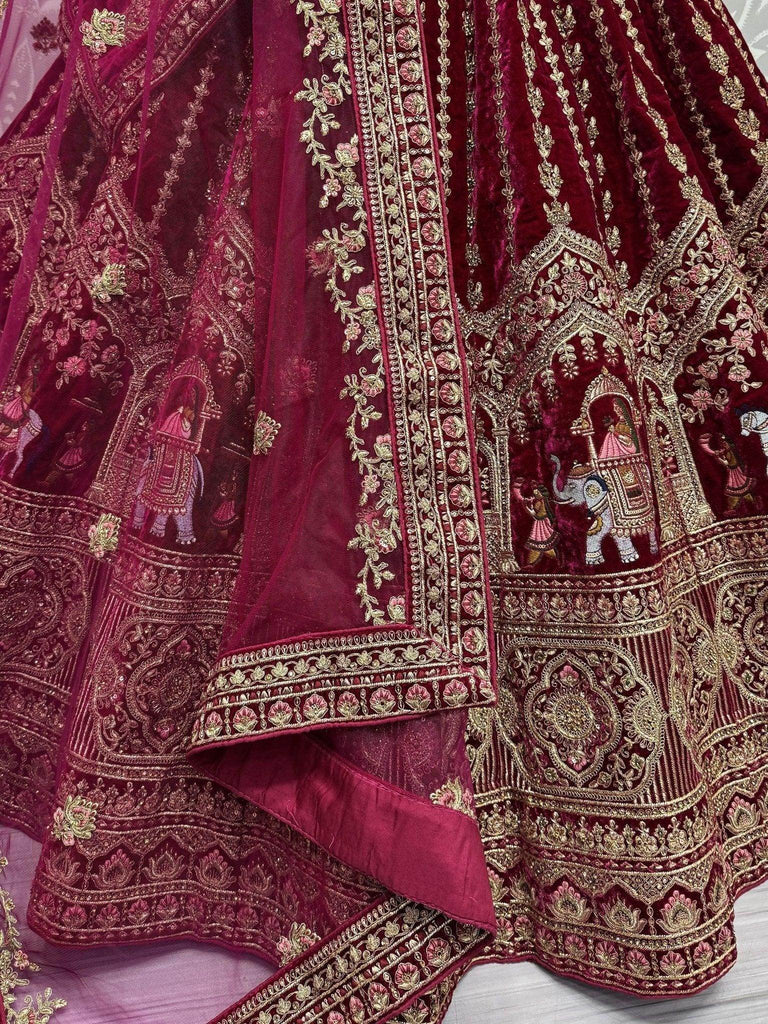 Fantastical Rani Pink Velvet Bridal Lehenga Choli With Double Dupatta - Ethnic Plus In