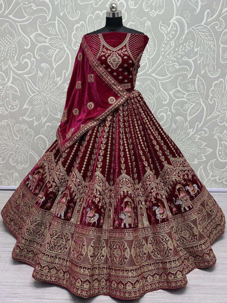 Fantastical Rani Pink Velvet Bridal Lehenga Choli With Double Dupatta - Ethnic Plus In