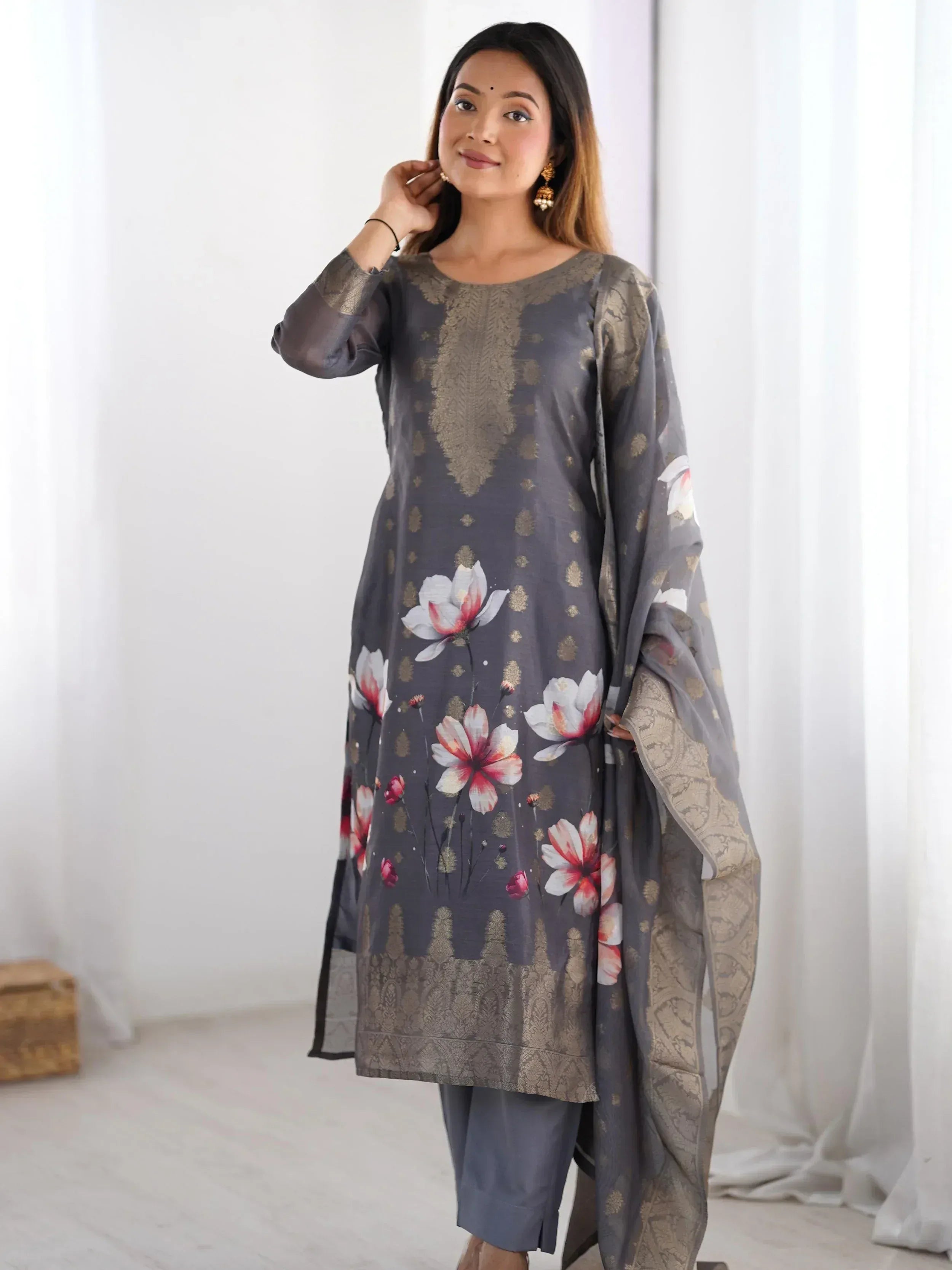 Grey floral printed salwar kameez with gold embroidery, ethnic Indian wear for women