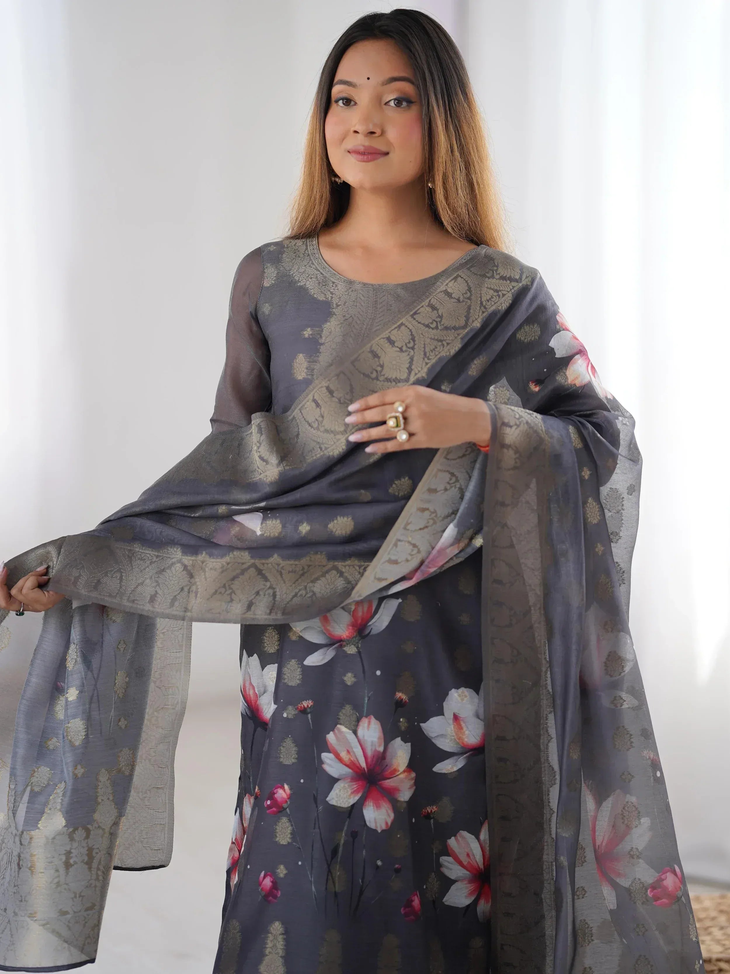 Grey floral printed salwar kameez with gold paisley dupatta, Indian ethnic wear for women