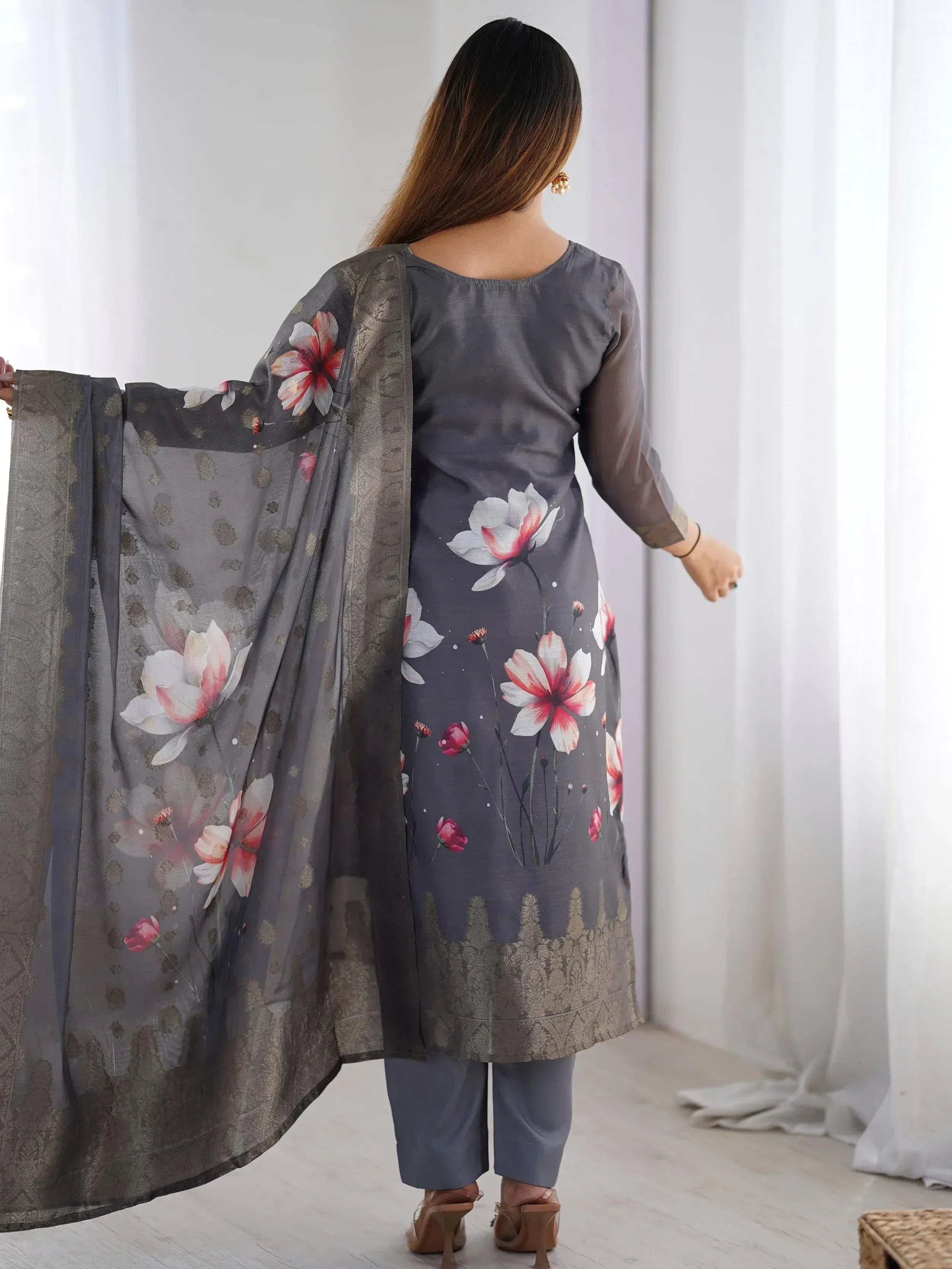 Grey floral print kurta with matching palazzo and dupatta, ethnic wear for women