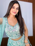 Fascinating Blue Sequins Net Reception Wear Lehenga Choli With Dupatta - Ethnic Plus In