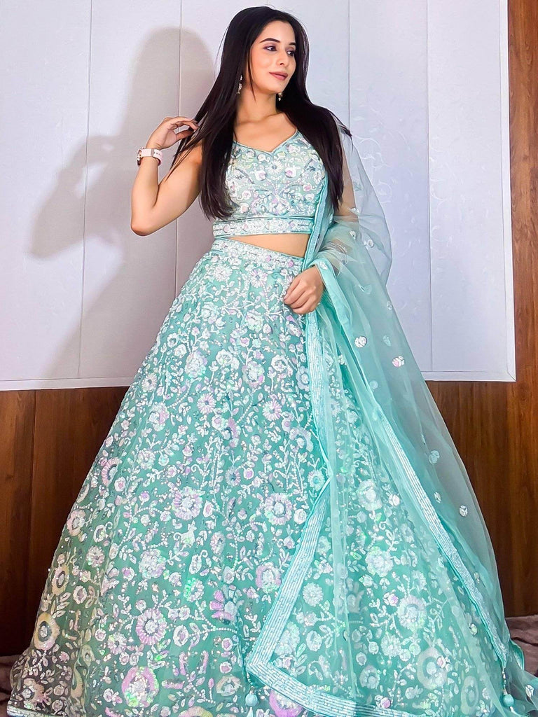 Fascinating Blue Sequins Net Reception Wear Lehenga Choli With Dupatta - Ethnic Plus In