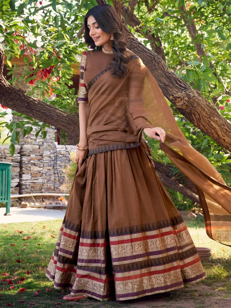 Fascinating Brown Chanderi Silk Zari Weaving Traditional Lehenga Choli - Ethnic Plus In