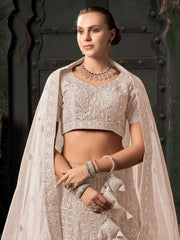 Fascinating Cream Zarkan Work Net Wedding Lehenga Choli With Dupatta - Ethnic Plus In