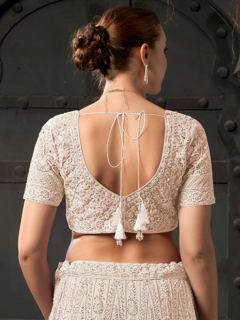 Fascinating Cream Zarkan Work Net Wedding Lehenga Choli With Dupatta - Ethnic Plus In