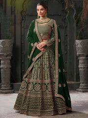 Fascinating Green Jarkan Work Georgette Lehenga Choli With Dupatta - Ethnic Plus In