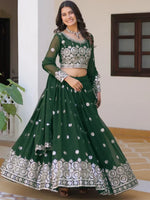 Fascinating Green Sequins Georgette Mehendi Wear Lehenga Choli