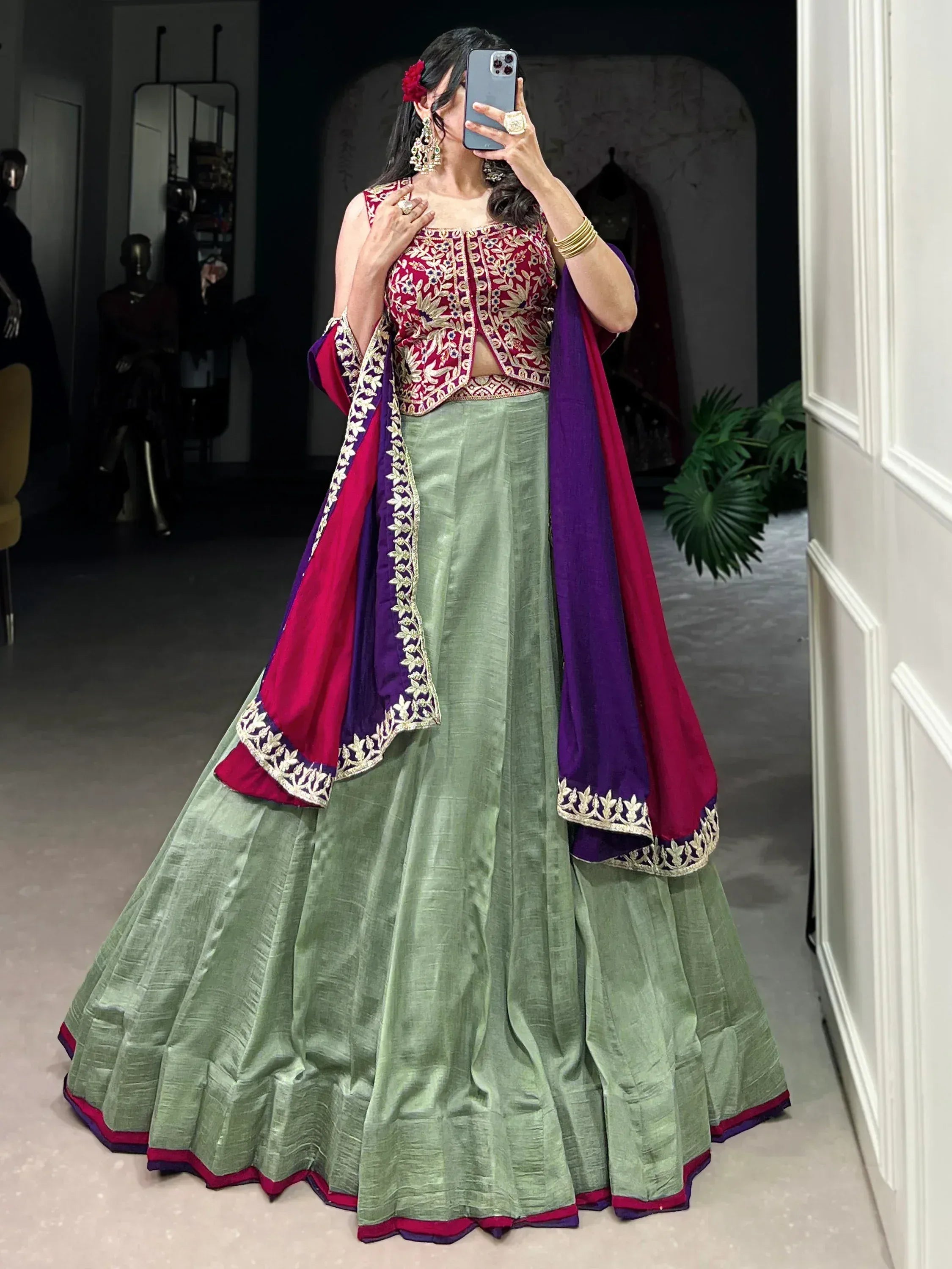 Green lehenga with maroon and purple dupatta, embroidered blouse, Indian ethnic wear