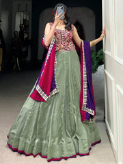 Fascinating Green Silk Lehenga With Thread Embroidered Choli - Ethnic Plus In