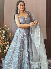 Fascinating Grey Sequins Silk Reception Wear Lehenga Choli - Ethnic Plus In