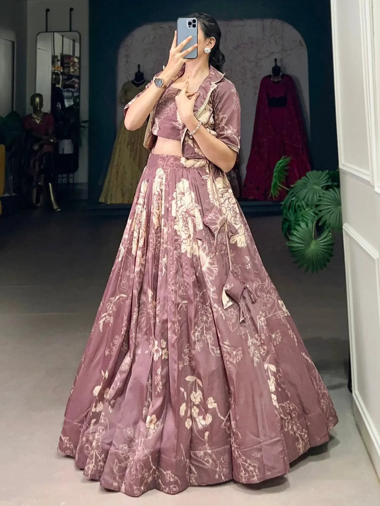 Fascinating Mauve Printed Tussar Silk Event Wear Crop Top Lehenga With Jacket - Ethnic Plus In